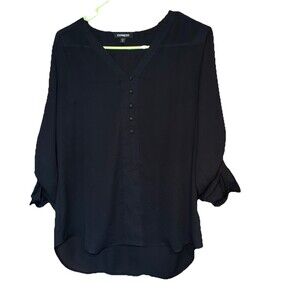 Express Top Womens Medium Black The Portofino Shirt Chiffon Blouse Roll Tab Slv